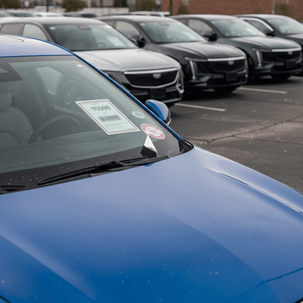 Line of used Cadillac Lyriq electric SUVs parked on a dealer lot with visible price tags