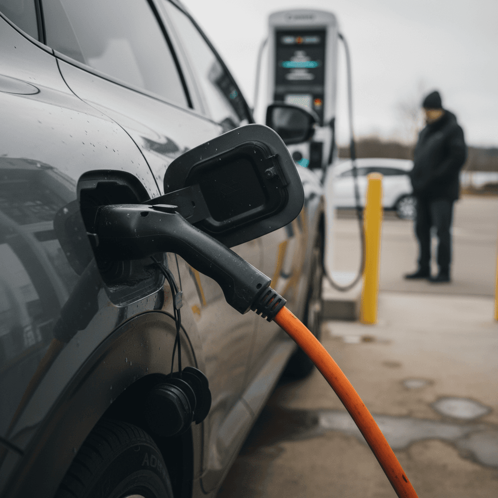 Kia EV6 plugged into a DC fast charger with owner checking infotainment screen