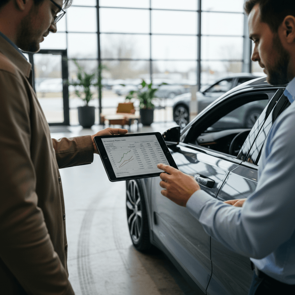 Driver reviewing insurance options on a tablet next to a Polestar 2 parked on a city street
