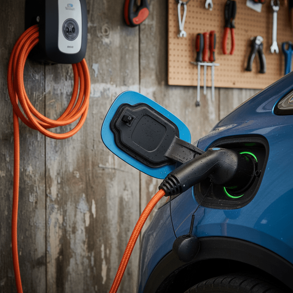 Close-up of a Chevy Bolt EV charge port with warning indicator showing on the digital instrument cluster