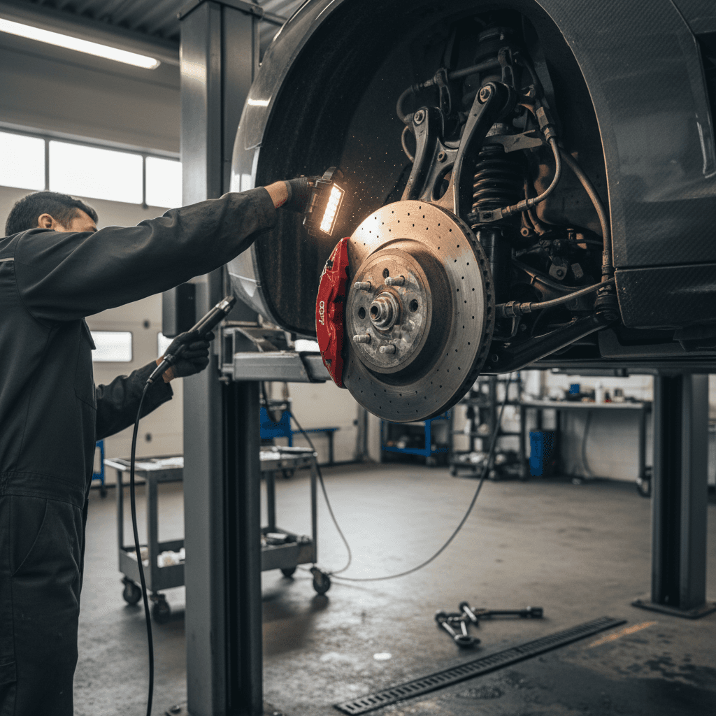 Audi e-tron GT on a lift in a service bay during a scheduled inspection