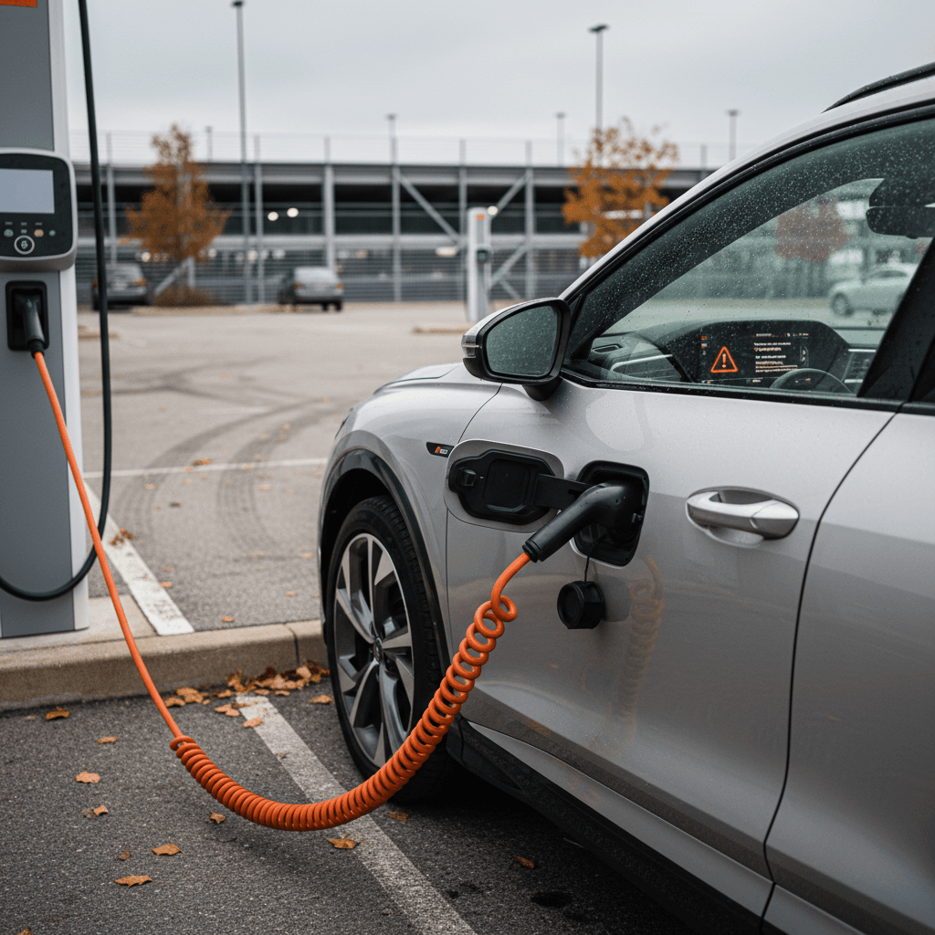 Close-up of a 2024 Audi Q4 e-tron plugged into a fast charger while a charging warning is displayed on the center screen