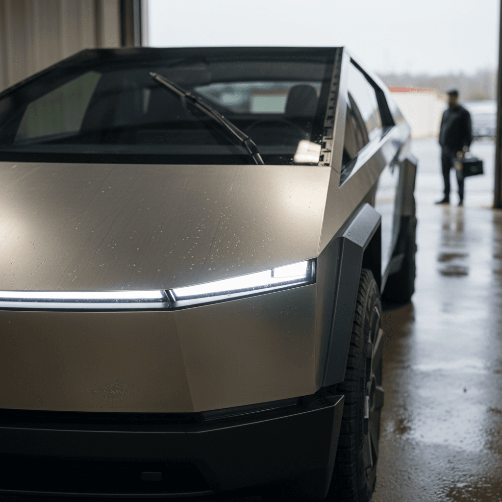 Close-up of Tesla Cybertruck windshield showing single large wiper and stainless trim