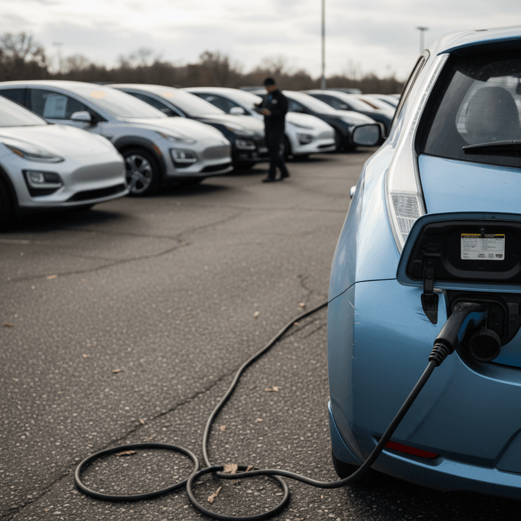 Row of used electric vehicles parked at a dealership-style lot