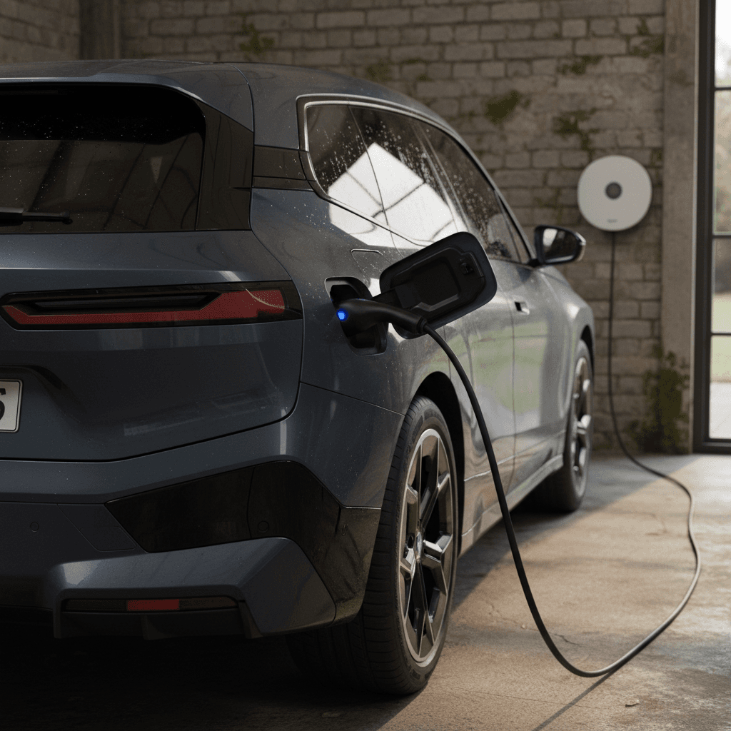 BMW iX plugged into a home wallbox charger from a rear three-quarter angle