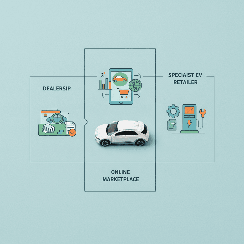 Illustration comparing ways to sell a used electric car, including dealer trade-in, instant-offer site, and EV specialist marketplace