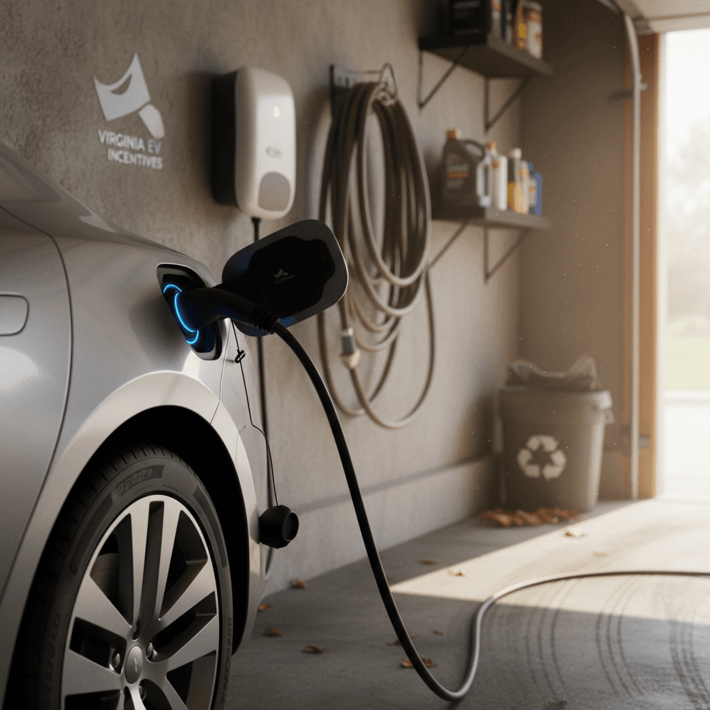 Electric car plugged into a Level 2 wall charger in a Virginia garage, illustrating home charging incentives