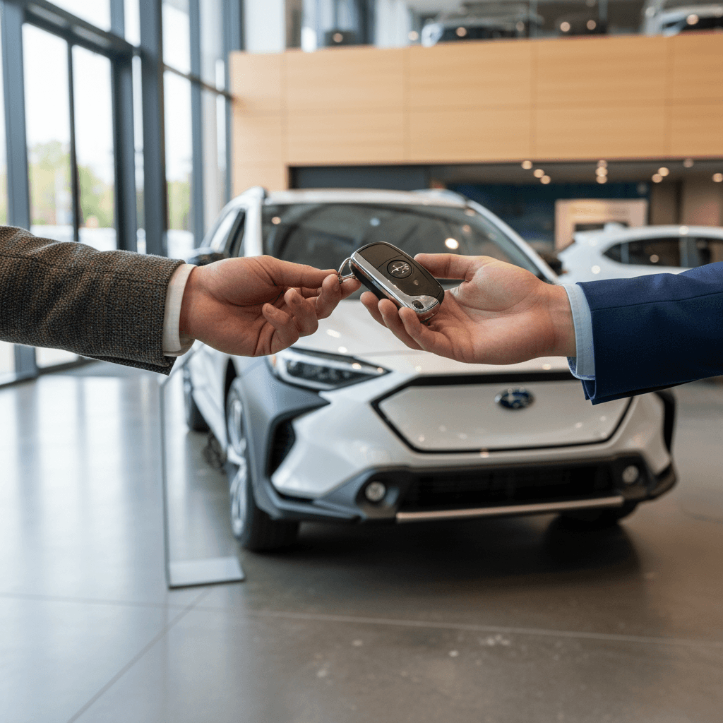 Subaru Solterra owner handing keys to an EV specialist at a modern showroom