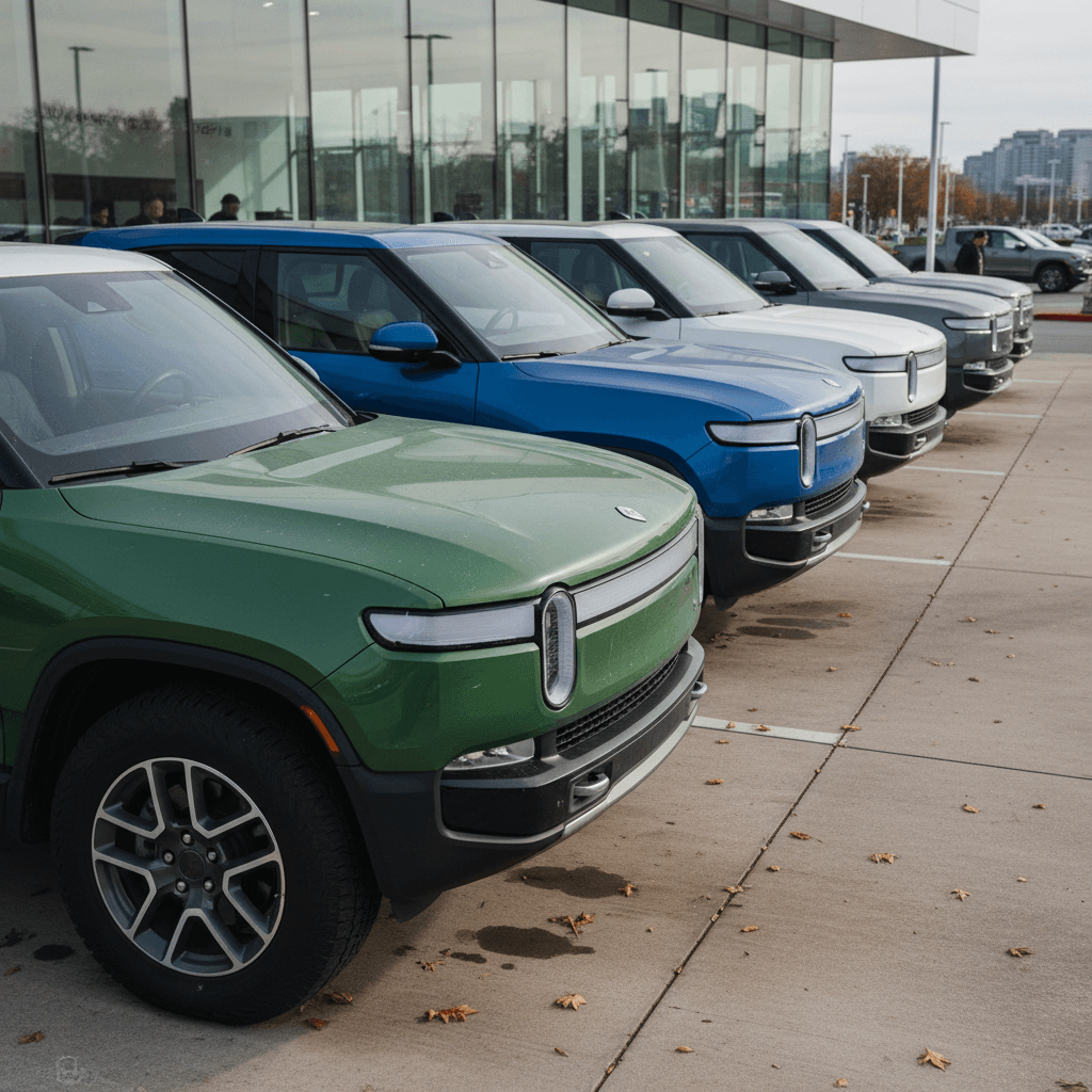 Lineup of used Rivian R1T electric pickup trucks on a dealer lot, highlighting used EV resale value
