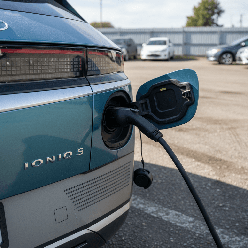 Rear view of a used 2023 Hyundai Ioniq 5 plugged into a charger at a dealership lot during trade-in appraisal