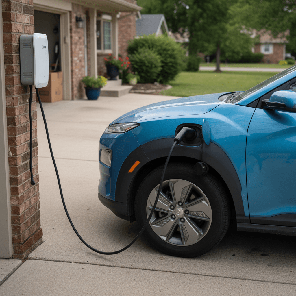 Used compact electric crossover parked in a suburban driveway and plugged into a Level 2 home charger