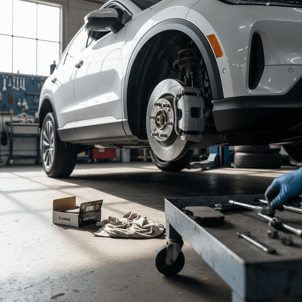 Mechanic replacing front brake pads on a modern electric SUV in a service bay