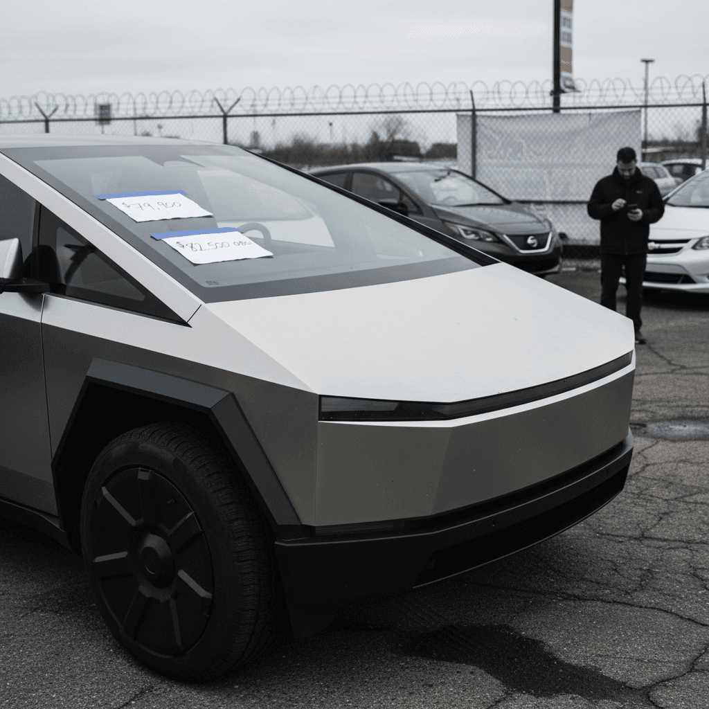 Used Tesla Cybertruck parked at a dealership lot among other trucks with price tags visible
