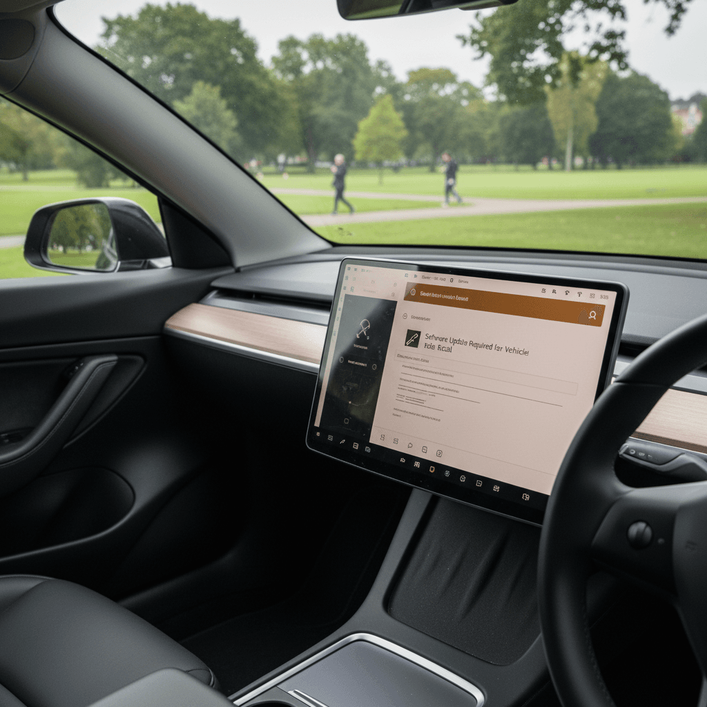 Tesla Model Y center touchscreen showing a vehicle alert and recall notification