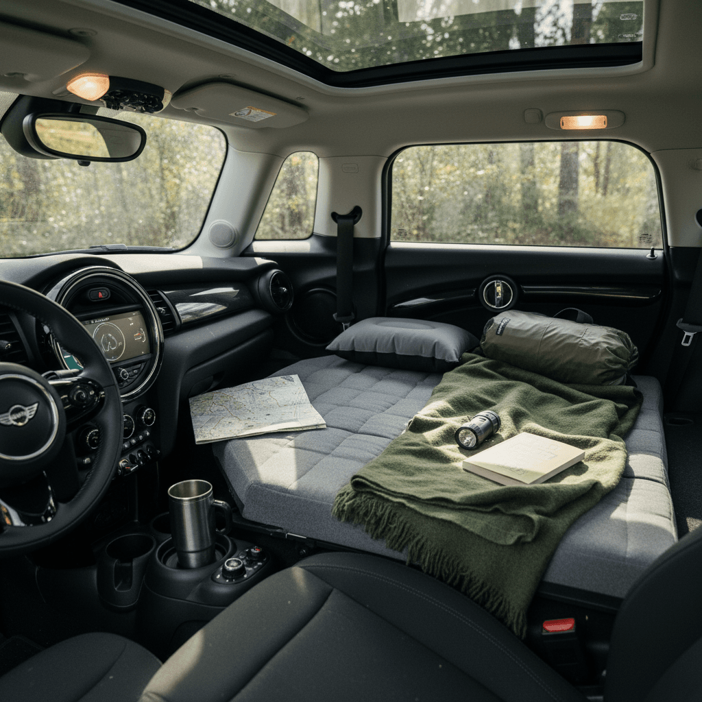 Rear seats folded down in a Mini Cooper SE with a compact mattress and camping bag arranged for sleeping