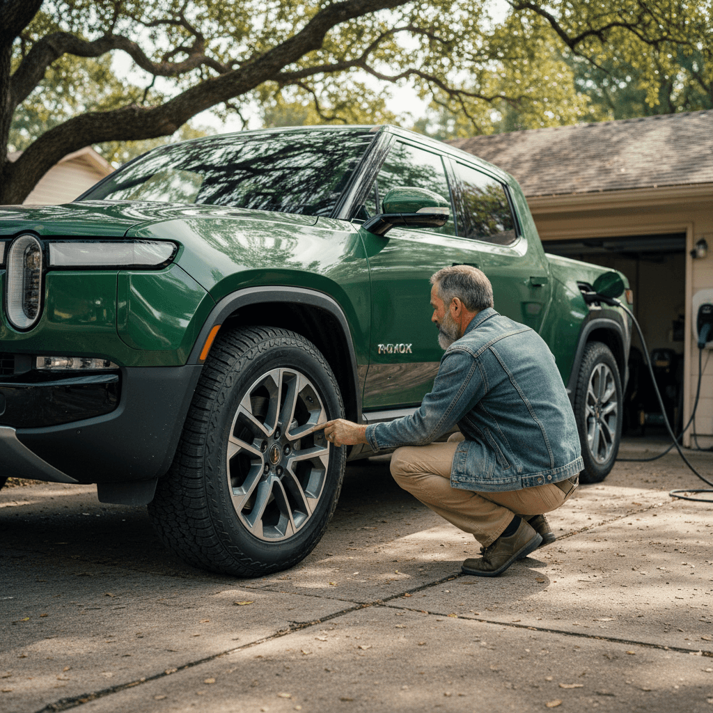 Owner inspecting a used 2022 Rivian R1T parked in a driveway, focusing on wheels and charging port