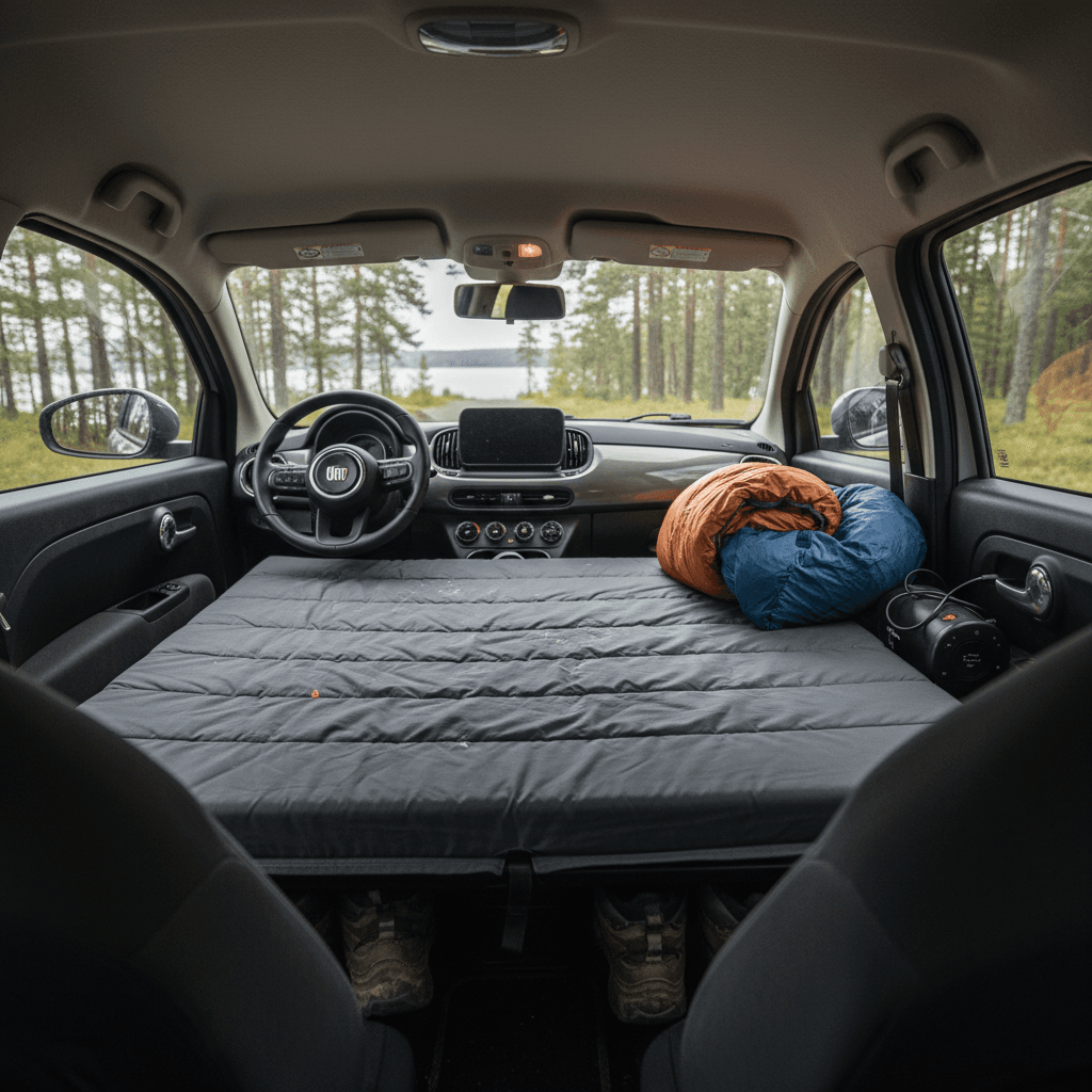 Folded rear seats of a small electric hatchback with a thin mattress laid out for sleeping