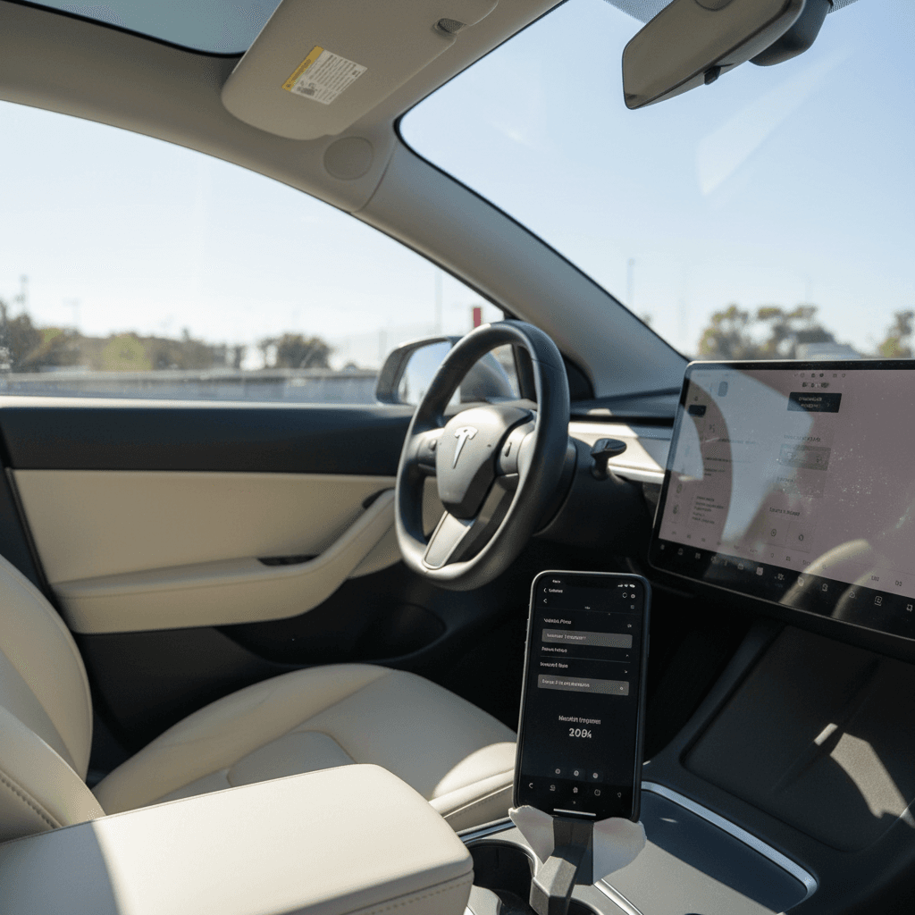 Driver in a Tesla Model Y using a smartphone loan calculator to estimate monthly payments