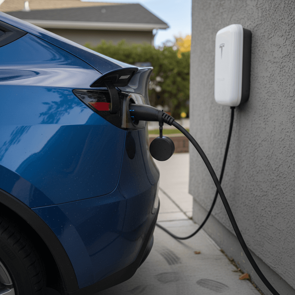 Blue 2021 Tesla Model Y plugged into a home Level 2 charger in a suburban driveway