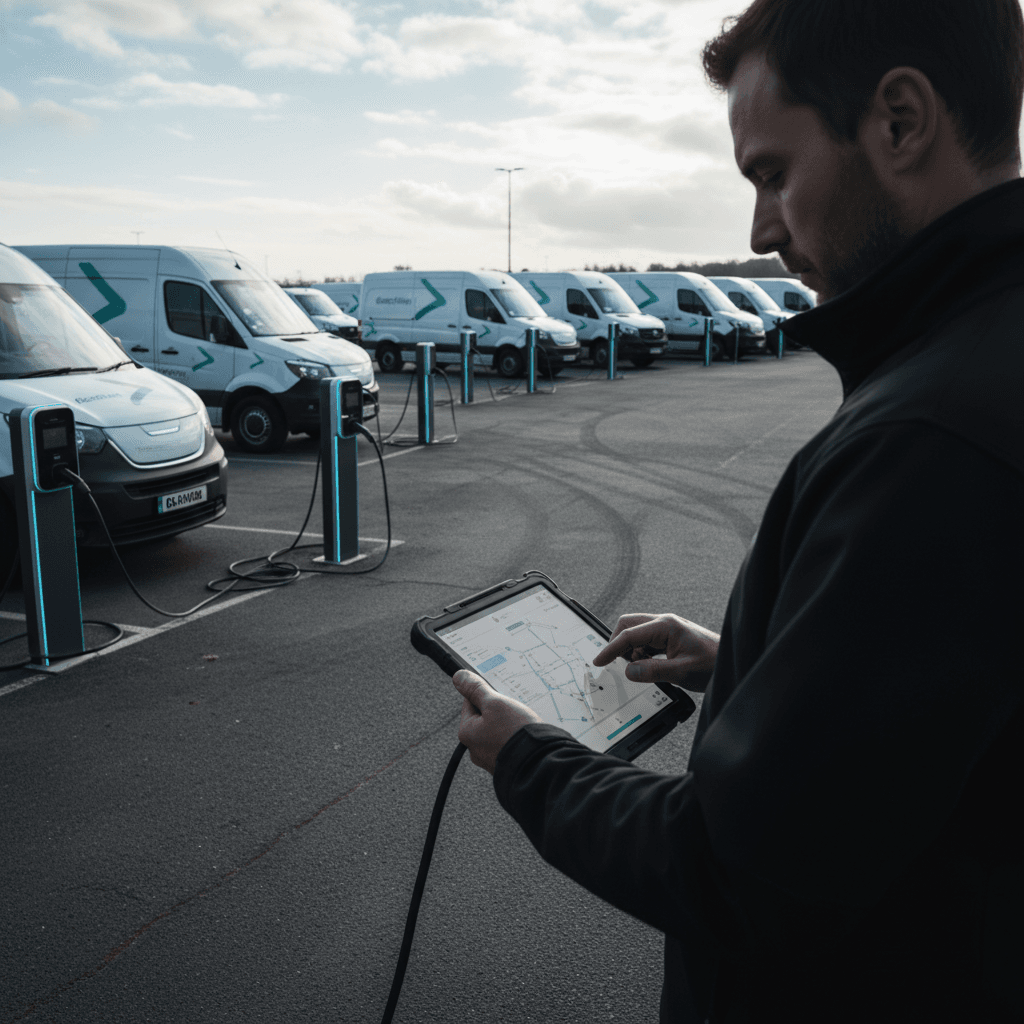 Fleet manager standing in front of a row of electric vans plugged into depot chargers, reviewing route data on a tablet