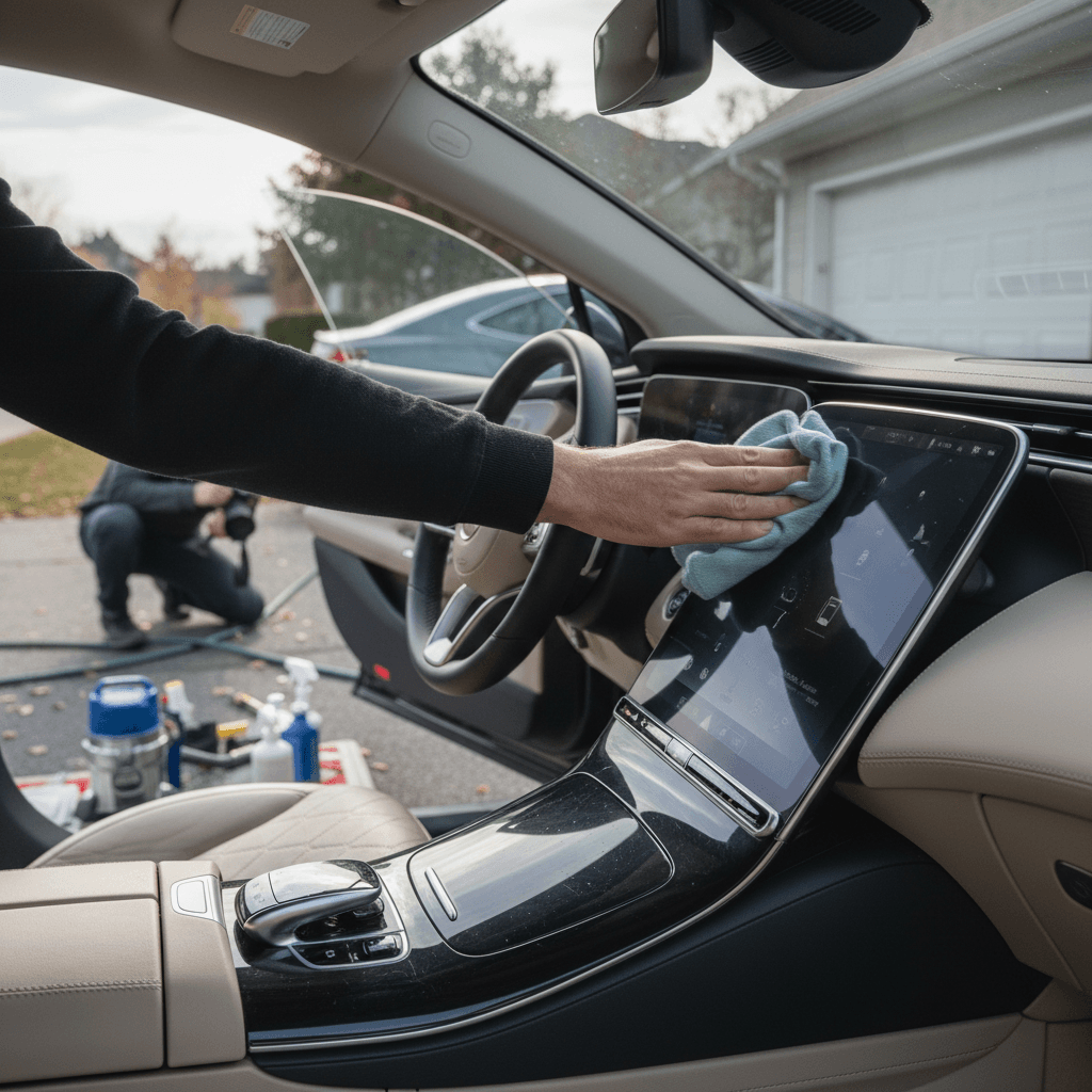 Seller carefully detailing the interior of a Mercedes EQS before listing it for sale