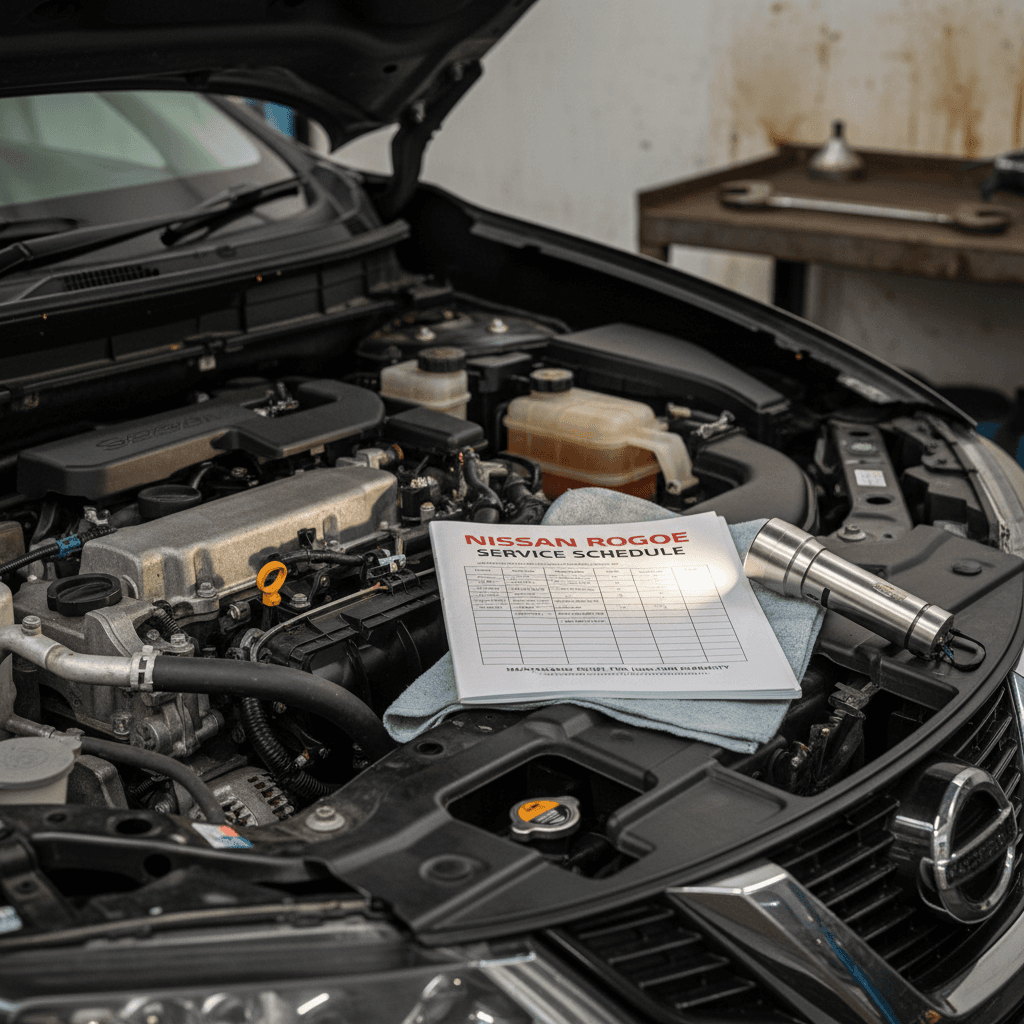 Technician performing scheduled maintenance on a crossover SUV in a dealership service bay