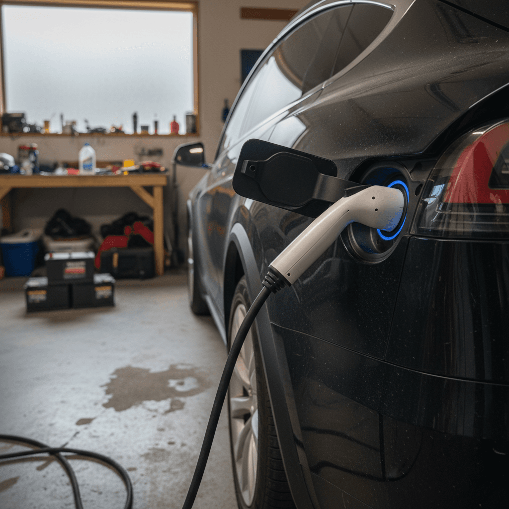 Tesla Model X charging in a home garage, showing charging screen with charge limit set for daily use