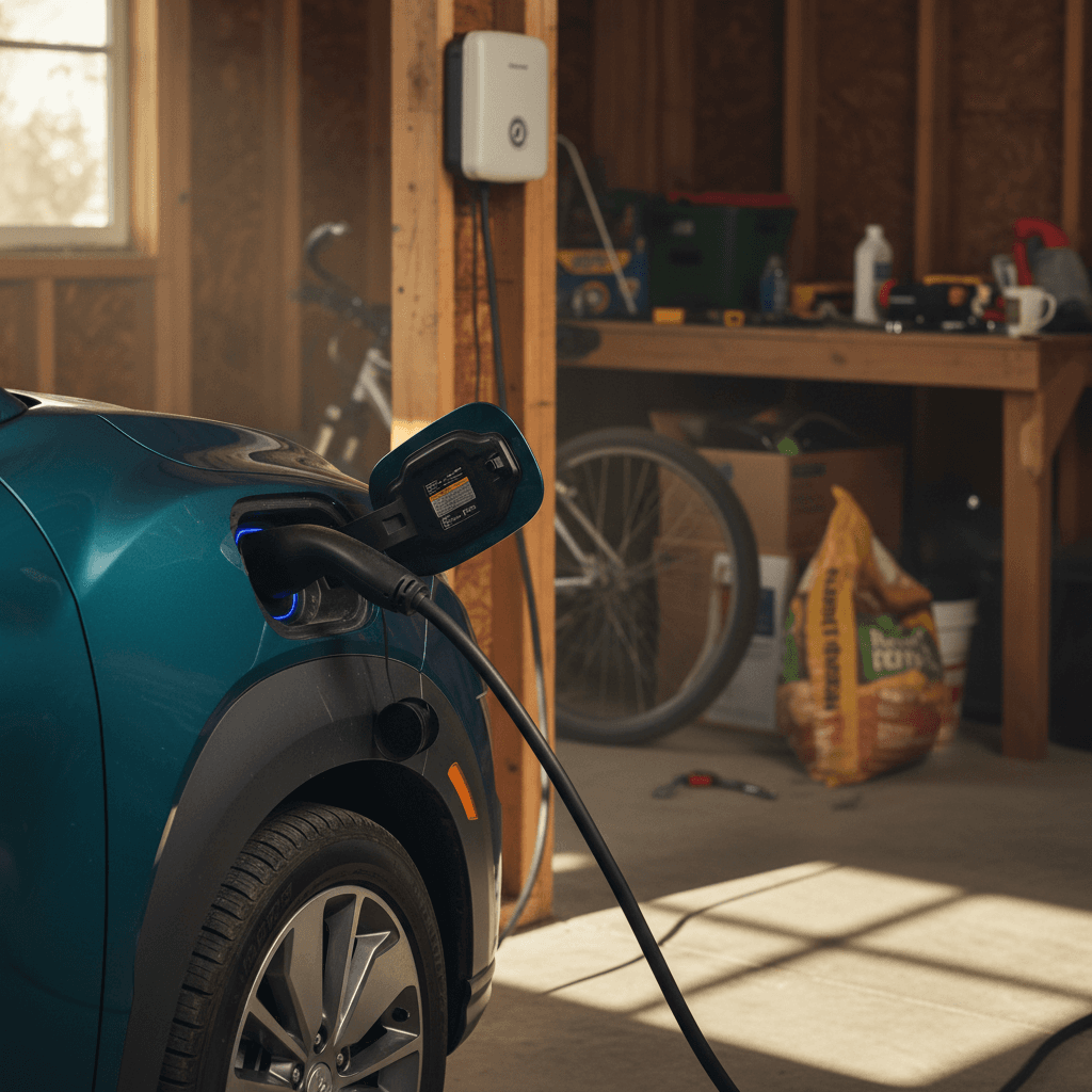 2022 Hyundai Kona Electric charging on a Level 2 wallbox in a home garage, highlighting its compact size and practicality for daily use