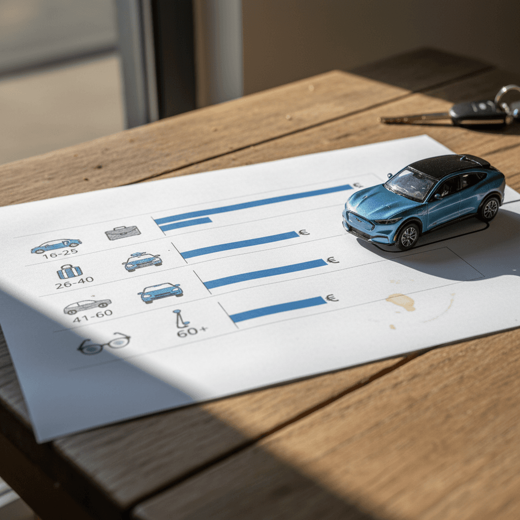 Illustrated chart showing Ford Mustang Mach-E insurance costs climbing for teens, dropping in midlife, then rising again for seniors