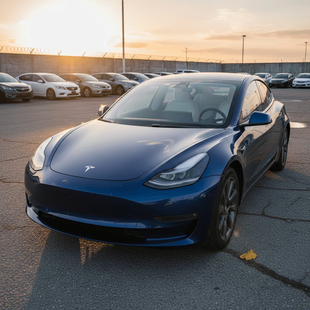 A 2023 Tesla Model 3 being inspected at a used EV dealership as part of a trade-in appraisal