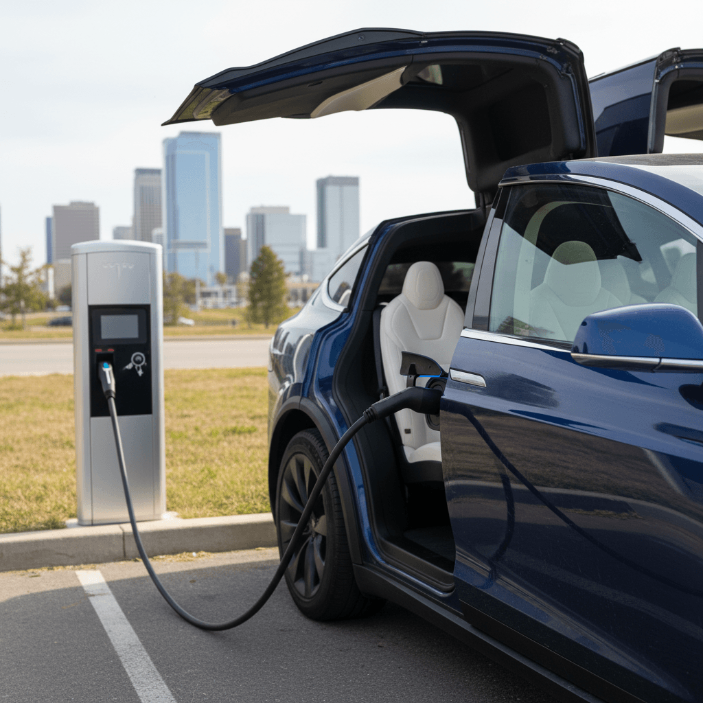 2016 Tesla Model X charging at a public DC fast charger with falcon wing doors visible
