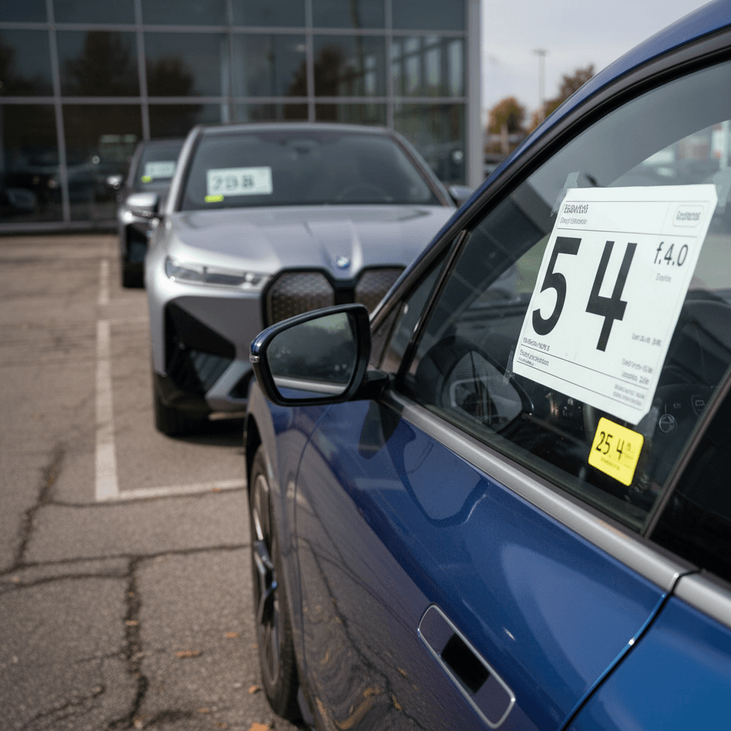 Row of used BMW iX SUVs on a dealer lot with visible price stickers on the windshields