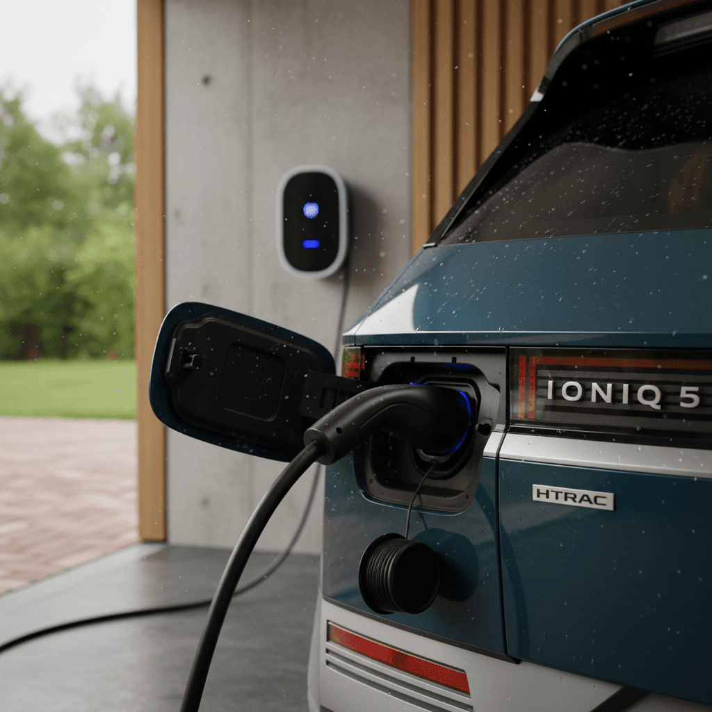 Close-up of the charging port and rear badging of a 2022 Hyundai Ioniq 5 plugged into a home Level 2 charger