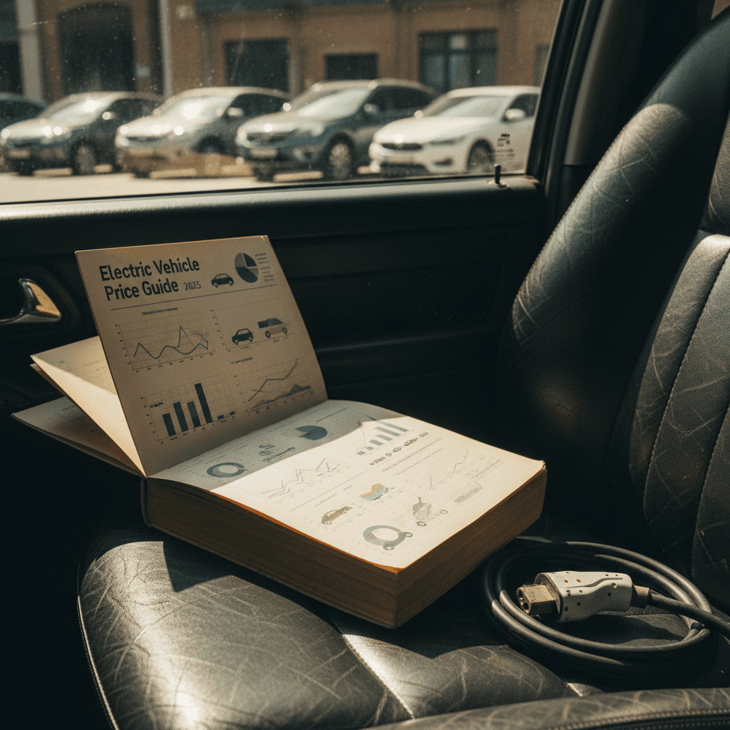 Customer reviewing pricing and paperwork for a used electric vehicle at a dealership