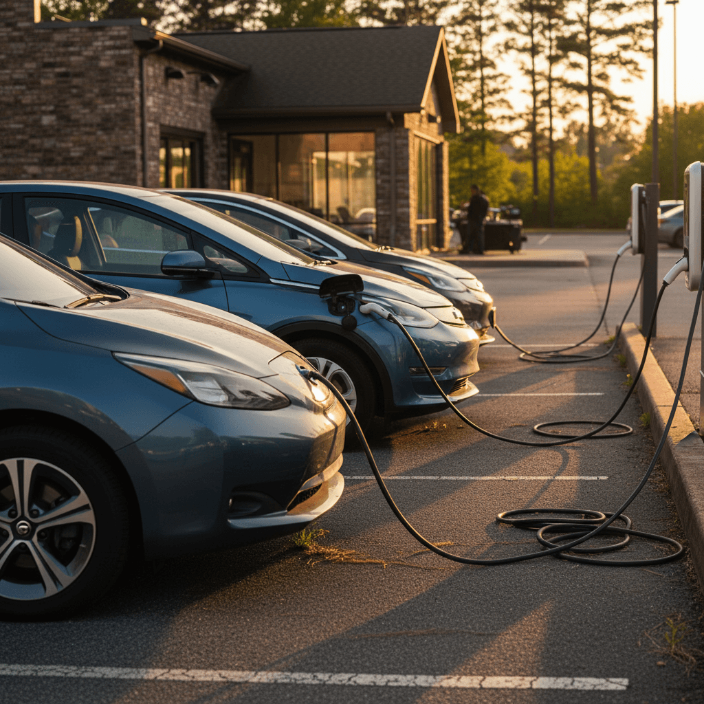 Row of used electric cars at a North Carolina dealership lot, some plugged into chargers
