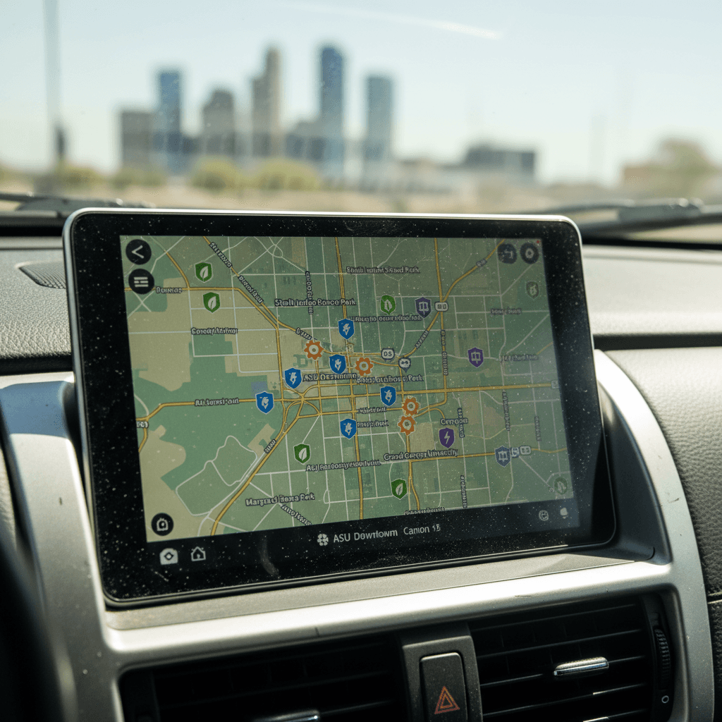 Map of central Phoenix highlighting clusters of public EV charging stations at city garages, parks, workplaces, and university campuses
