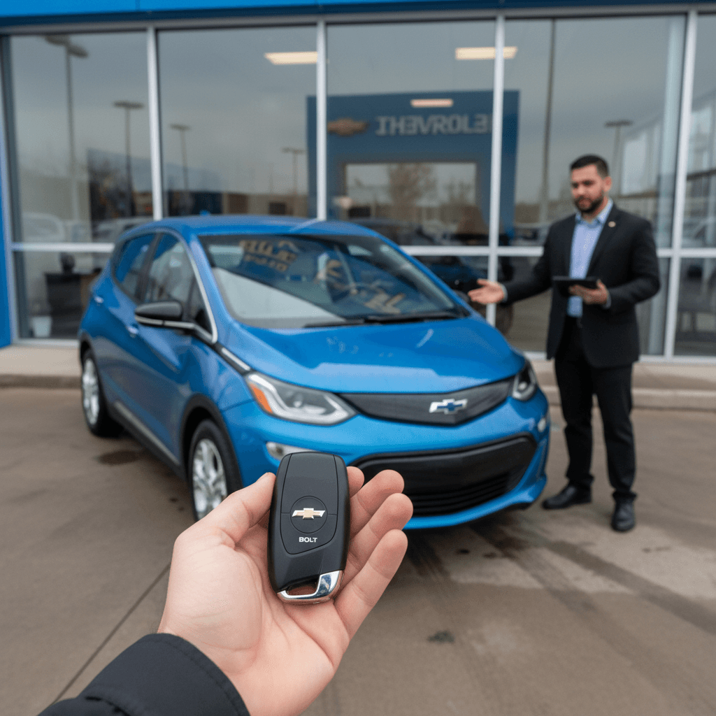 Owner handing over keys of a clean 2020 Chevrolet Bolt EV to an appraiser outside a dealership
