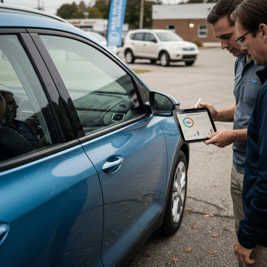 Shopper and EV specialist reviewing a battery health report next to a used electric SUV at a dealership