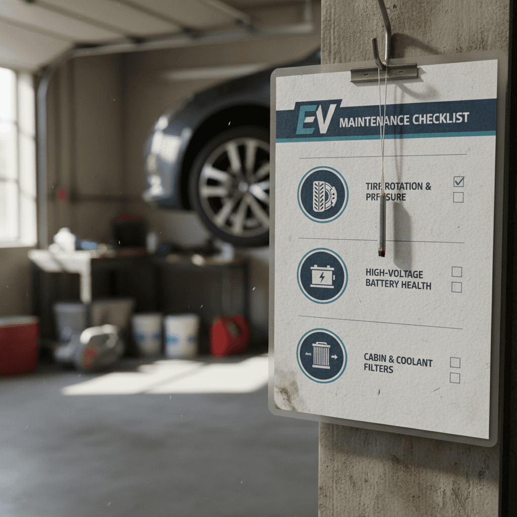 Illustrated electric car maintenance schedule showing intervals for tires, brakes, fluids, and filters