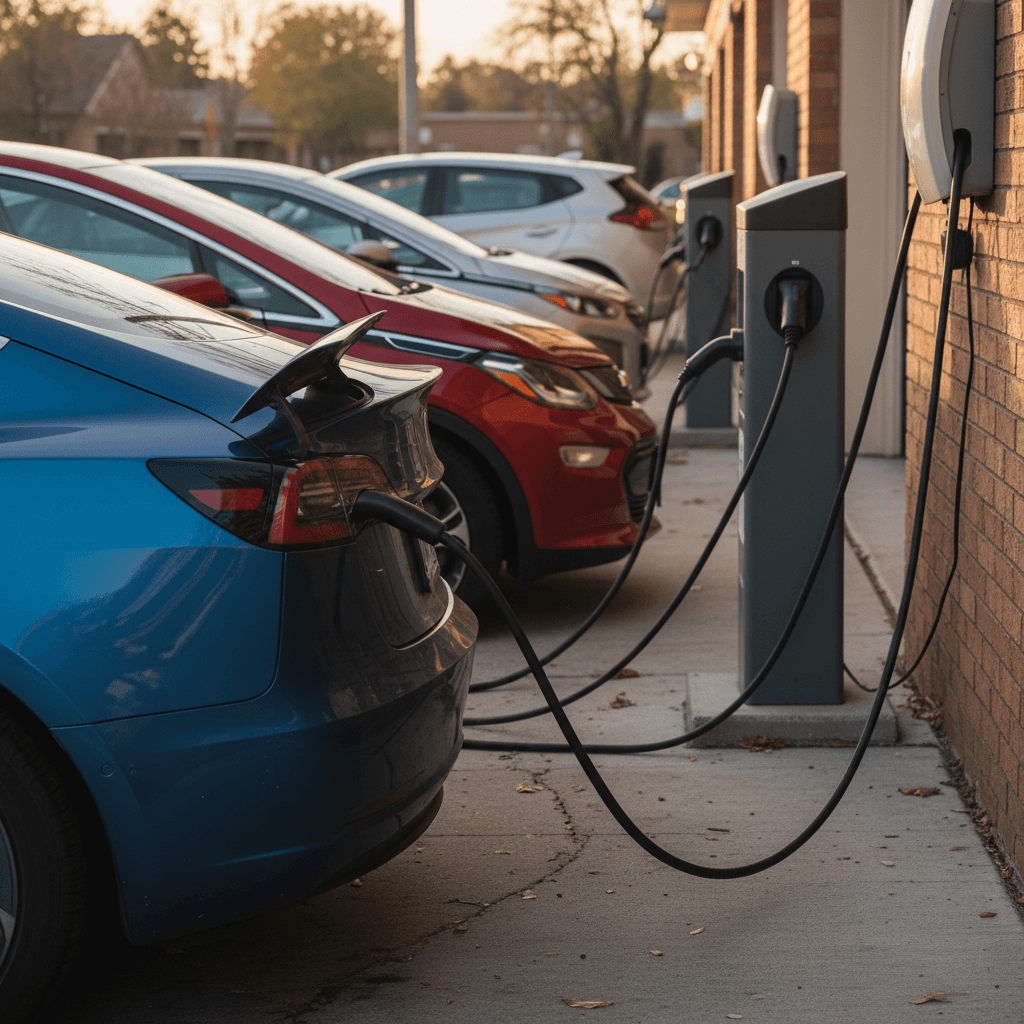 Lineup of popular used electric cars including a Tesla Model 3, Chevrolet Bolt, and Hyundai Ioniq charging at home and public stations