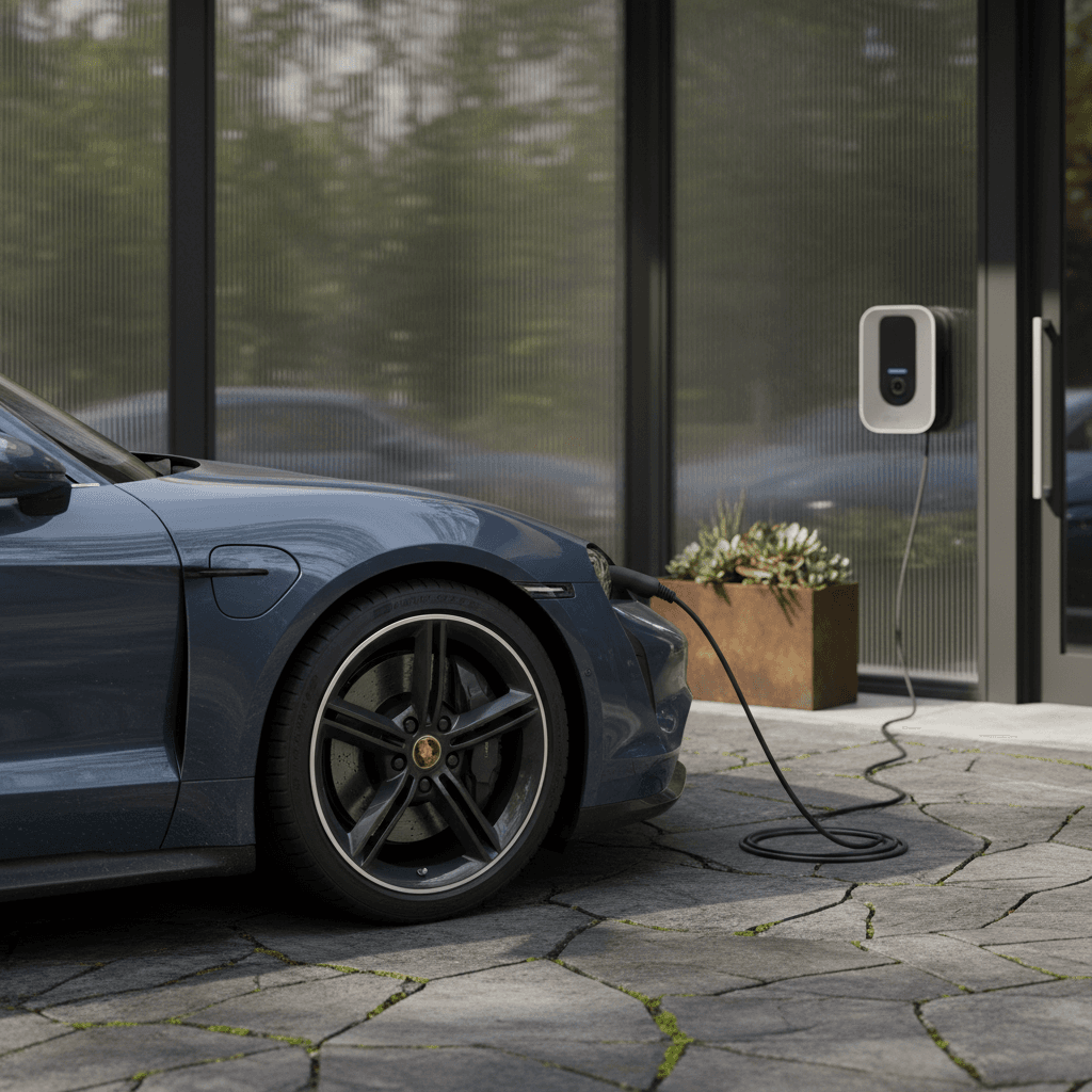 Used 2022 Porsche Taycan parked in a modern driveway, connected to a home Level 2 charger