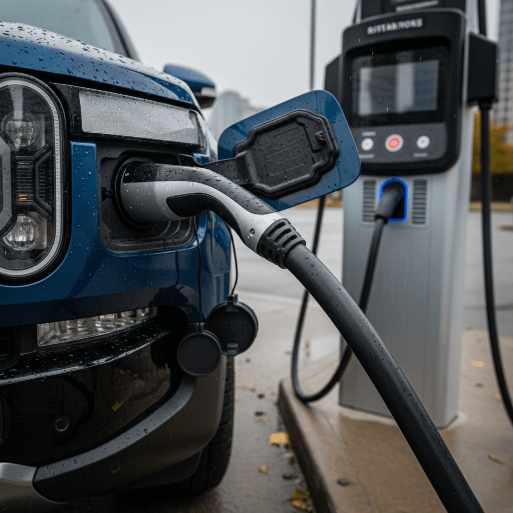 Rivian R1T electric pickup truck plugged into a public fast charger