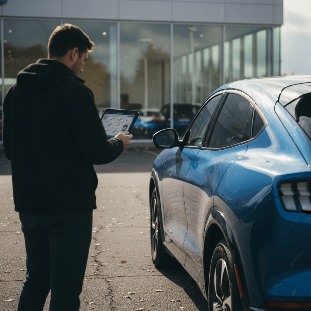 Owner inspecting a Ford Mustang Mach‑E exterior with a checklist and smartphone before selling