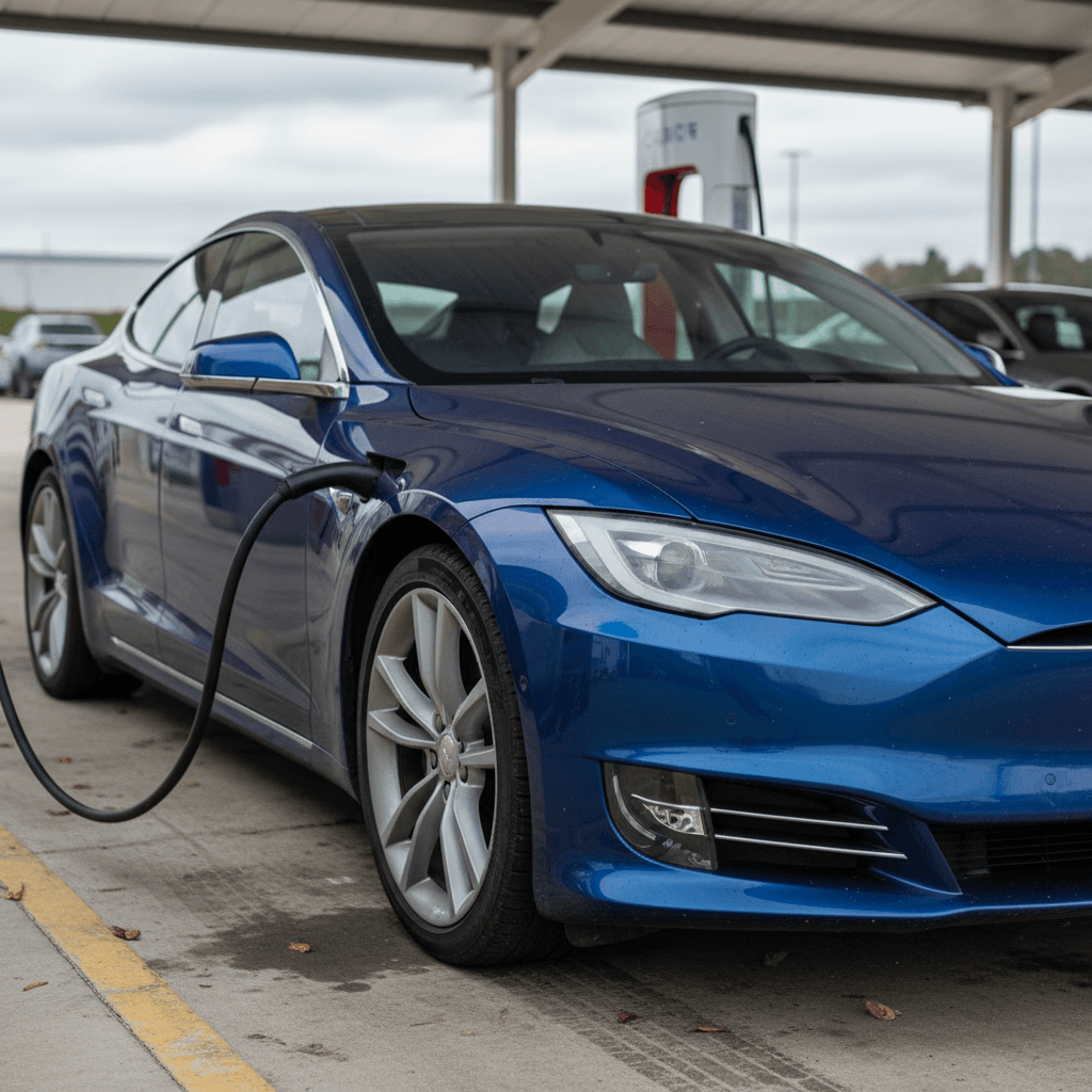 2023 Tesla Model S parked at a charging station, highlighting its sleek fastback design
