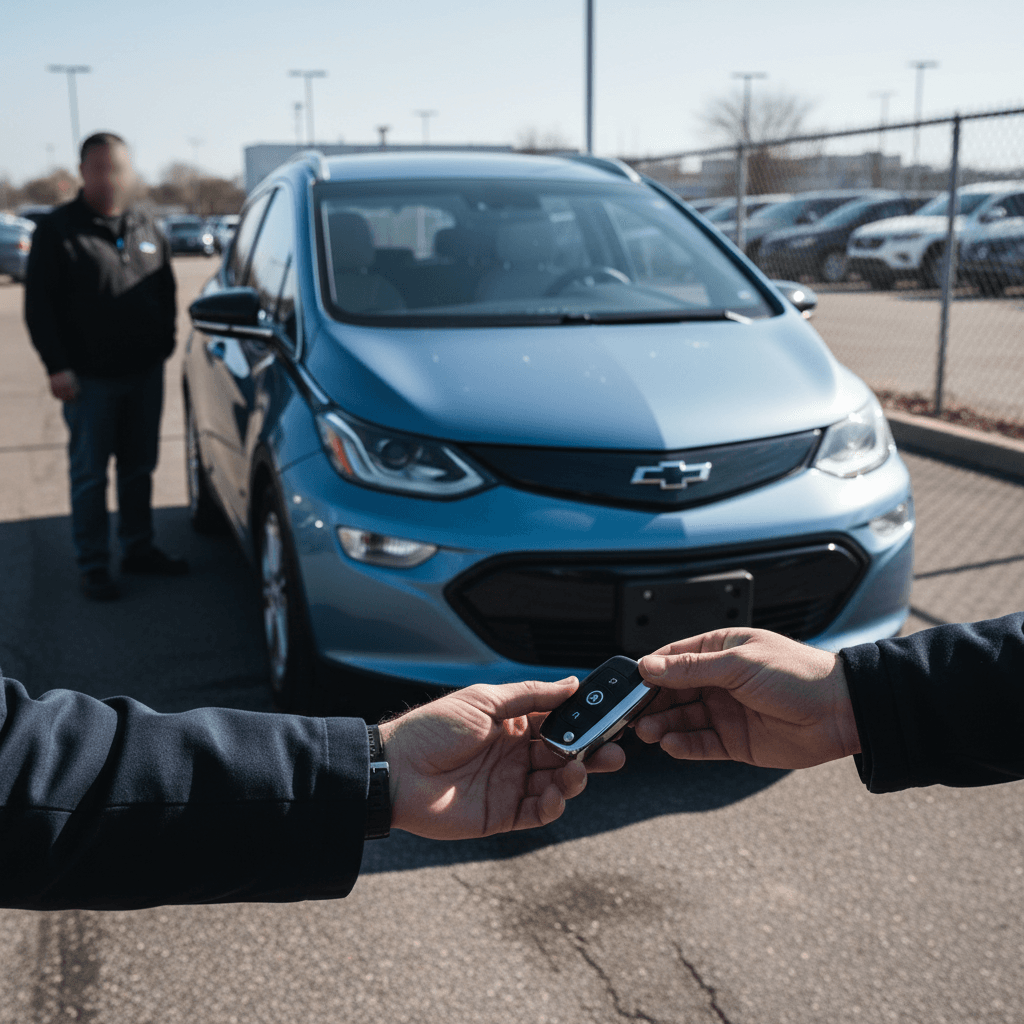 Chevrolet Bolt EV owner handing keys to a buyer at a dealership, with the electric hatchback in focus