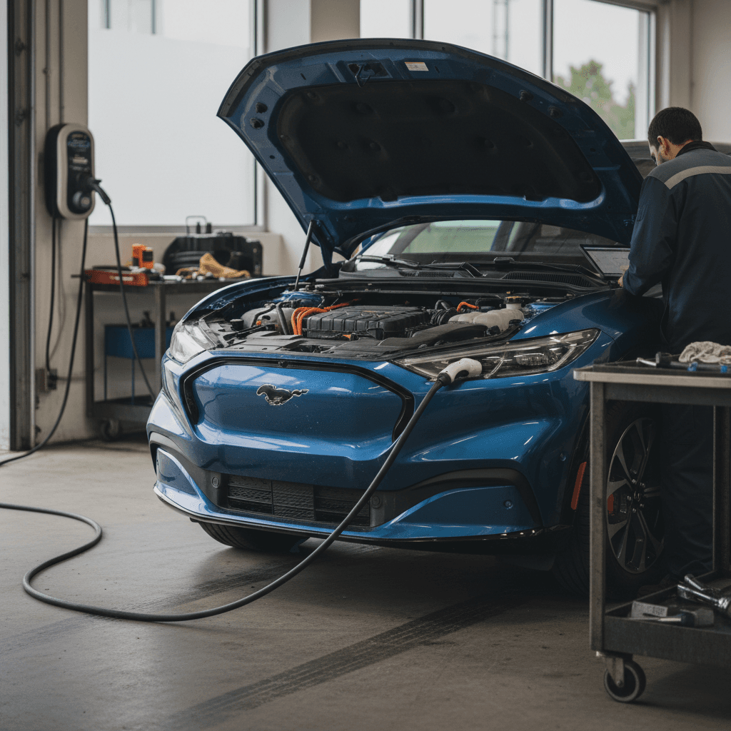 Technician performing battery and charging system health diagnostics on a used Ford Mustang Mach-E in a service bay