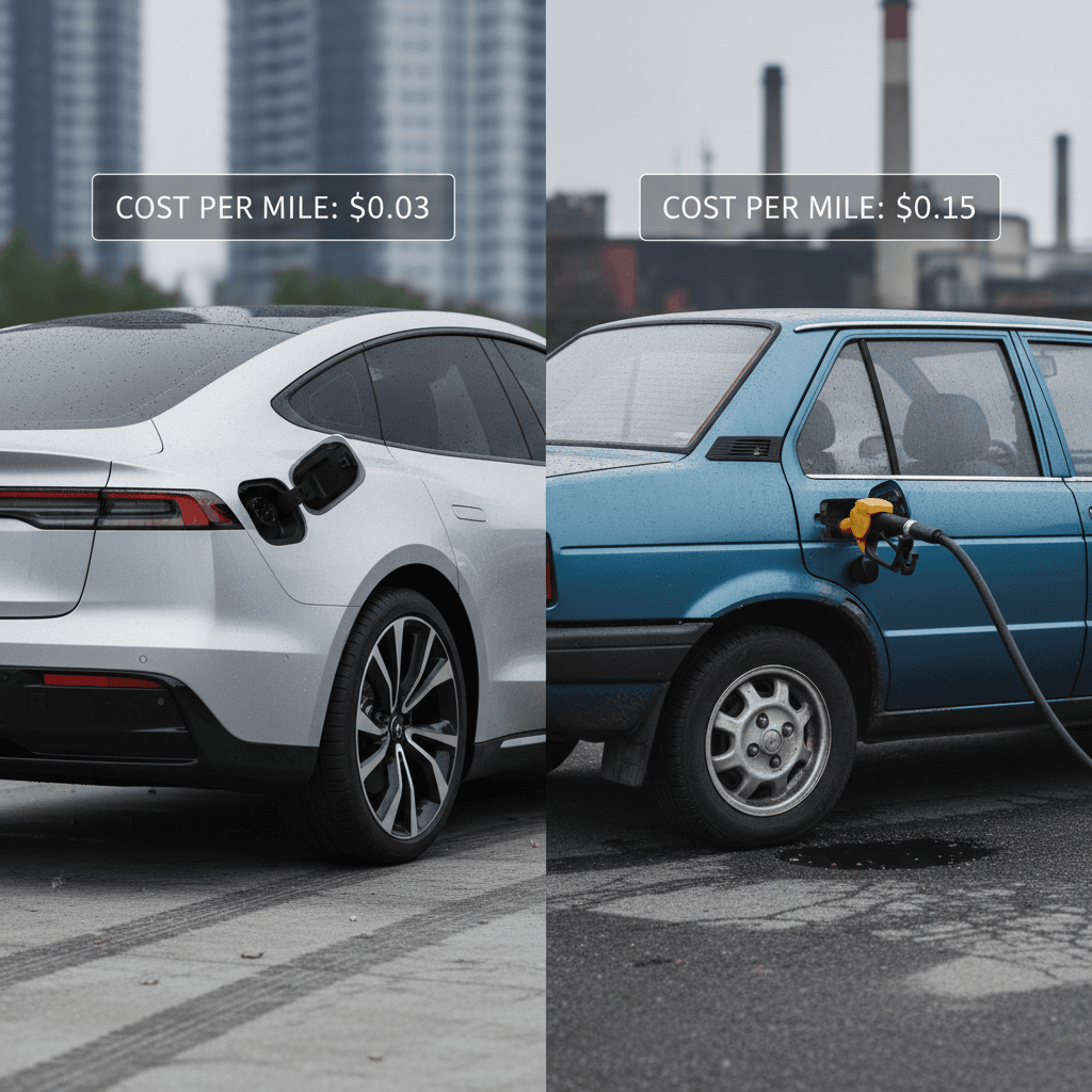Side by side bar chart comparing daily and annual cost of a 15‑mile commute in an electric car versus a gasoline car