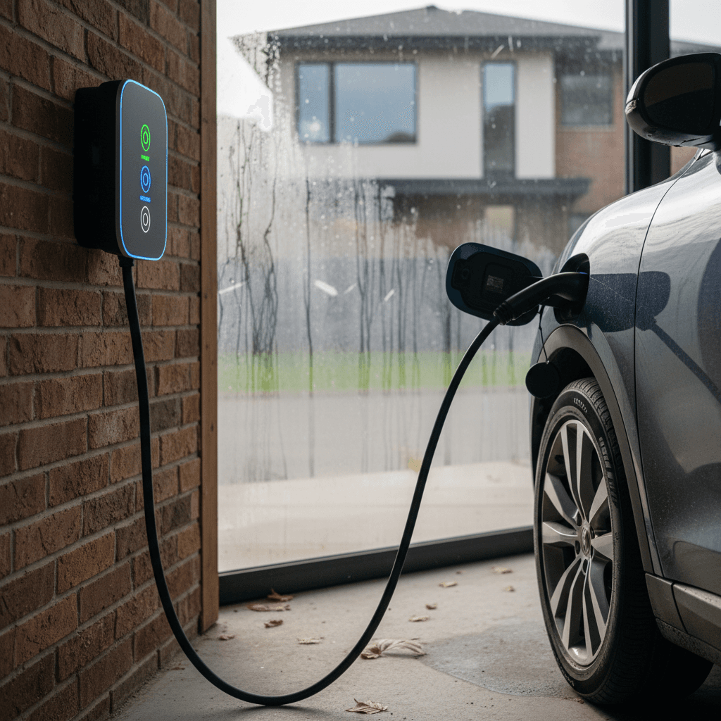 Electric vehicle plugged into a wall-mounted Level 2 home charger with status lights illuminated