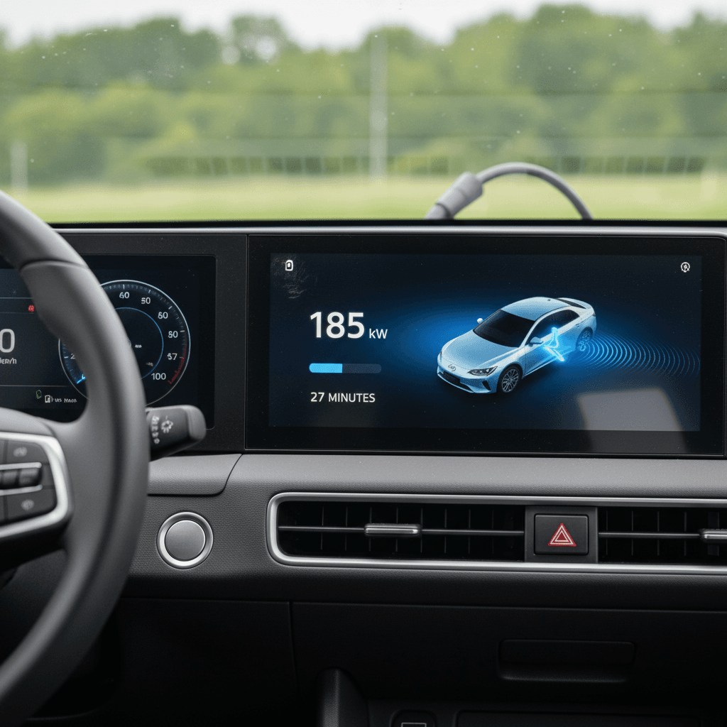 Hyundai Ioniq 5 dashboard display showing DC fast charging power, state of charge, and estimated remaining time