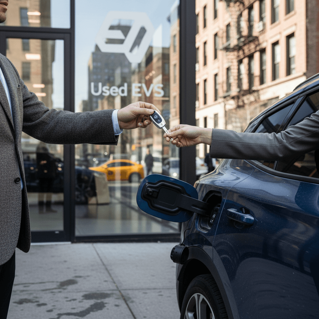 Seller handing keys to a New York dealer in front of a used car lot